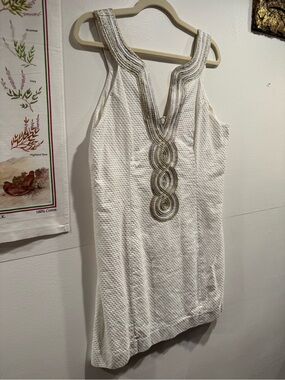 Lilly Pulitzer White Sleeveless Dress with Gold & Silver Beaded Neckline